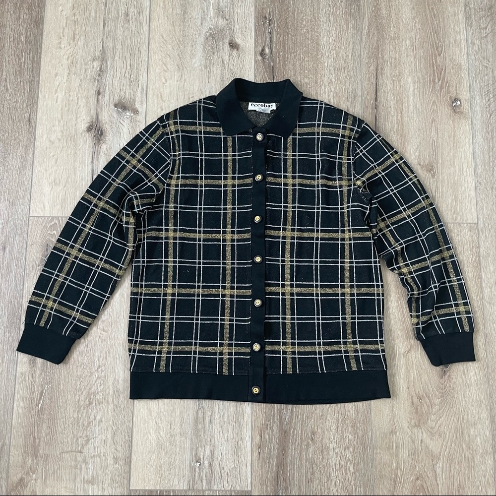 VINTAGE Eccobay Padded Shoulder Plaid Button Up Sweater Size Medium